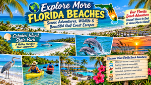 Wide colorful collage of Florida Gulf Coast beaches featuring Caladesi Island State Park, turquoise waters, white-sand beaches, dolphins, a coastal heron, kayaking adventures, tropical beachfront accommodations, and a spectacular sunset near Anna Maria Island and Clearwater.