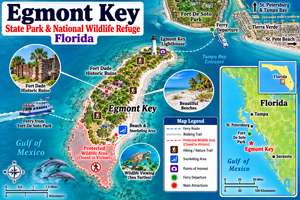 Illustrated travel map of Egmont Key State Park, Florida, featuring Fort Dade historic ruins, Egmont Key Lighthouse, secluded beaches, wildlife viewing areas, ferry access from Fort De Soto Park, protected wildlife zones, and a mini Florida location map.