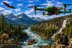 Colorful green and red drone flying above a scenic mountain river surrounded by forests, waterfalls, wildlife, and rafting adventures in a breathtaking outdoor landscape