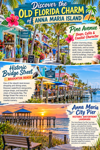 Colorful travel collage showcasing the Old Florida charm of Anna Maria Island, featuring Pine Avenue boutiques and cafés, Historic Bridge Street waterfront restaurants in Bradenton Beach, and Anna Maria City Pier at sunset overlooking Florida’s Gulf Coast.
