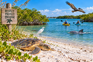 Longboat Key: Tranquil Beaches & Upscale Charm on Florida’s Gulf Coast 11 Responsible coastal adventures on Florida's Gulf Coast featuring a sea turtle resting on a sandy beach, a dolphin swimming, a white egret, a flying pelican, and kayakers exploring mangrove-lined waterways beside a wildlife conservation sign.