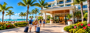 Caladesi Island State Park: A Hidden Paradise Near Clearwater Beach 4 Beautiful tropical beachfront resort near Florida's Gulf Coast, featuring palm trees, colorful gardens, turquoise coastal waters, and vacationers walking with luggage toward a luxurious hotel entrance.