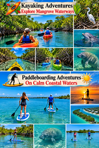 Colorful two-section collage featuring kayaking and paddleboarding adventures near Anna Maria Island, Florida. Kayakers explore lush mangrove waterways surrounded by coastal vegetation, while dolphins, manatees, and wading birds illustrate local wildlife. The lower section features paddleboarders gliding across calm turquoise waters, scenic coastal views, and a beautiful sunset.