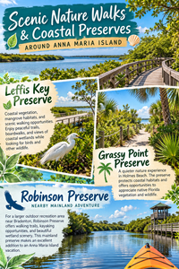 Scenic nature walks and coastal preserves around Anna Maria Island, Florida, featuring Leffis Key Preserve boardwalks, Grassy Point Preserve coastal habitats, and kayaking through the mangrove waterways of Robinson Preserve near Bradenton.