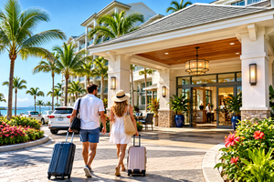 Couple walking toward a beautiful tropical beachfront hotel with rolling suitcases, surrounded by palm trees, colorful flowers, elegant architecture, and sunny coastal scenery near the ocean.