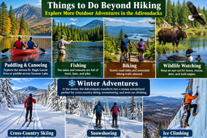 Adirondack Park, NY: A Wilderness Adventure of Mountains, Lakes 3 Colorful collage showcasing outdoor adventures in Adirondack Park, New York, including canoeing on scenic mountain lakes, fishing, mountain biking, wildlife watching with moose and loons, cross-country skiing, snowshoeing, and ice climbing.