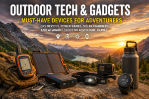 Outdoor Tech & Gadgets for Adventurers featuring GPS devices, solar chargers, power banks, wearable technology, action cameras, and navigation gear displayed on a mountain overlook above a scenic lake and rugged wilderness landscape at sunrise.