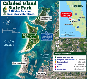 Caladesi Island State Park: A Hidden Paradise Near Clearwater Beach 6 Illustrated map of Caladesi Island State Park near Clearwater Beach, Florida, showing Honeymoon Island, the Gulf of Mexico, ferry access, nearby coastal destinations, and a mini map highlighting the park's location on Florida's Gulf Coast.