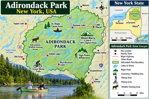 Adirondack Park, NY: A Wilderness Adventure of Mountains, Lakes 8 Text: Illustrated map of Adirondack Park, New York, featuring a mini map showing its location within New York State. Highlights include Lake Placid, Saranac Lake, Mount Marcy, High Peaks Wilderness, St. Regis Canoe Area, Indian Lake, Old Forge, and scenic outdoor recreation areas.