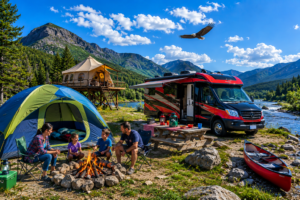 Family camping adventure featuring a blue and green family tent, elevated glamping tent, red and black RV camper, campfire, picnic table, canoe, mountain river, and scenic valley under a bright sunny sky.