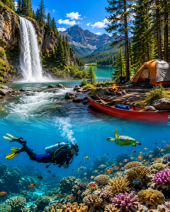 Scenic outdoor adventure landscape featuring a mountain waterfall, lakeside campsite, flowing river, canoe, forest, and underwater scuba diver exploring a vibrant coral reef filled with tropical fish and marine life.