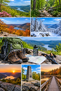 Colorful Appalachian Trail hiking collage featuring spring flowers, summer forest trails, vibrant autumn mountains and snowy winter landscapes. Hiking boots, backpack, trail map, trekking poles and water bottle overlook a scenic river valley. Additional images showcase a mountain sunrise, stone monument and wooden boardwalk through peaceful wetlands.