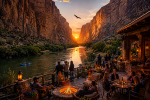 Explore The Best Western Canyon Vacations: Top 15 Must-See Natural Wonders✨ 1 Luxury western canyon patio overlooking a scenic river at sunset with people dining outdoors, guests relaxing around a fire pit, kayakers on the water, glowing lanterns, towering canyon cliffs, and an eagle soaring overhead.