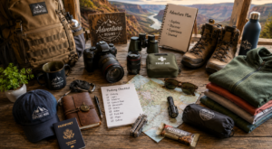 Travel planning and outdoor adventure gear flat lay featuring a backpack, camera equipment, binoculars, hiking boots, maps, passport, travel journal, first aid kit, packing checklist, outdoor clothing, and essential travel accessories with scenic canyon views in the background.
