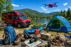 Ultimate outdoor adventure gear collection featuring a red and black RV camper, blue and green tent, red and blue drone, kayak, canoe, hiking backpack, boots, binoculars, camera, campfire, and lakeside mountain scenery on a sunny day.