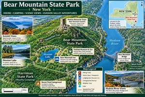 Bear Mountain State Park, NY: Hiking, Camping & Hudson Valley Views 4 Colorful illustrated map of Bear Mountain State Park, New York, featuring the Hudson River, Bear Mountain Bridge, Perkins Memorial Tower, Hessian Lake, Appalachian Trail, Bear Mountain Inn, and nearby Harriman State Park. Includes scenic mountain views, hiking trails, wildlife attractions, Beaver Pond Campground, and a miniature New York State locator map.