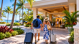 Longboat Key: Tranquil Beaches & Upscale Charm on Florida’s Gulf Coast 16 Couple walking toward a luxury beachfront hotel with rolling suitcases, surrounded by tropical palm trees, colorful gardens, and beautiful ocean views on a sunny Florida vacation.