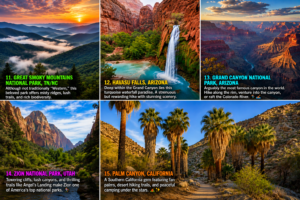 Six-image travel collage featuring Great Smoky Mountains National Park mist-covered ridges, Havasu Falls turquoise waterfall, Grand Canyon panoramic overlook, Zion National Park canyon scenery, and Palm Canyon desert oasis with fan palm trees in California.