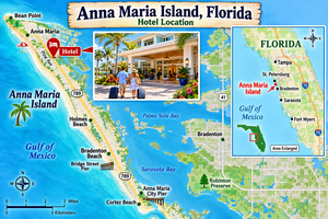 Illustrated map of Anna Maria Island, Florida, showing its location along the Gulf of Mexico near Bradenton and Sarasota, with Holmes Beach, Bradenton Beach, Bridge Street Pier, Robinson Preserve, and a tropical hotel entrance. Includes a mini Florida locator map.