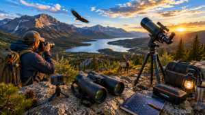Outdoor photography and optics adventure scene featuring a photographer overlooking a mountain lake valley with a DSLR camera, binoculars, telescope, action camera, elk, eagle, and scenic wilderness landscape at sunset.
