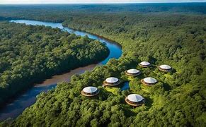 Several Glamping huts near a river in a rainforest.