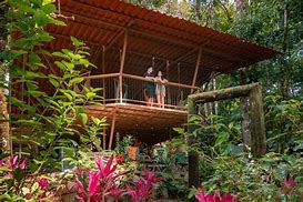 Brazil’s Rainforest Domes Near Manaus: A Luxury Amazon Glamping Experience 3 People glamping structure in a rainforest with flowers and vegetastion.