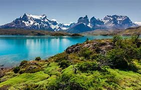 Green vegetation near a lake with snow covered mountains in the background.