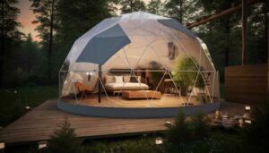 White glamping dome set on a forest platform with a bed, chairs, small potted tree, and coffee table, creating a cozy outdoor retreat.