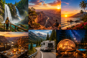 Adventure travel collage featuring a waterfall overlook, Grand Canyon scenery, tropical coastline sunset, scenic outdoor dining, RV road trip through mountain landscapes, and luxury glamping dome beneath a star-filled night sky.