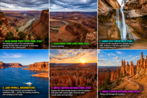 Six-image travel collage featuring Dead Horse Point State Park canyon overlooks, Lower Calf Creek Falls waterfall, Lake Powell with red sandstone cliffs and boats, and Bryce Canyon National Park hoodoo rock formations at sunrise and along scenic hiking trails.