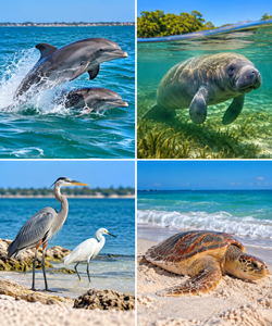Longboat Key: Tranquil Beaches & Upscale Charm on Florida’s Gulf Coast 10 Four-image wildlife collage featuring bottlenose dolphins jumping from turquoise waters, a West Indian manatee swimming underwater, a great blue heron and white egret along the shoreline, and a sea turtle resting on a sandy beach.