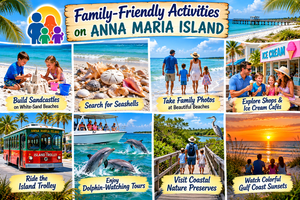 Colorful family-friendly activities collage of Anna Maria Island, Florida, featuring children building sandcastles, seashell collecting, family beach walks, ice cream cafés, island trolley rides, dolphin-watching tours, coastal nature preserves, and beautiful Gulf Coast sunsets.