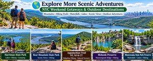 Catskill Mountains, NY: Hiking, Camping & Nature Adventures 7 Summer outdoor adventure collage featuring Harriman State Park, Bear Mountain State Park, Appalachian Trail NY/NJ/CT, Mohonk Preserve, and Minnewaska State Park Preserve, with scenic mountains, hiking trails, lakes, waterfalls, and forest landscapes near New York City.