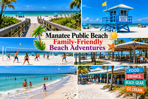Colorful collage of Manatee Public Beach on Anna Maria Island, Florida, featuring a wooden beach walkway, white-sand shoreline, turquoise Gulf waters, blue lifeguard tower, people playing beach volleyball, families enjoying the water, shaded picnic pavilions, and beachfront refreshments.