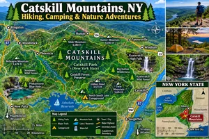 Catskill Mountains, NY: Hiking, Camping & Nature Adventures 8 Map of the Catskill Mountains in New York showing hiking trails, campgrounds, mountain peaks, waterfalls, Ashokan Reservoir, Catskill Park, nearby towns, and a New York State locator map.
