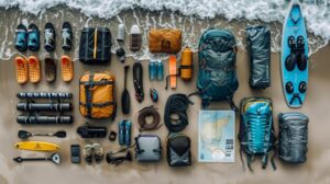 Lightweight backpack on sandy beach with hiking essentials