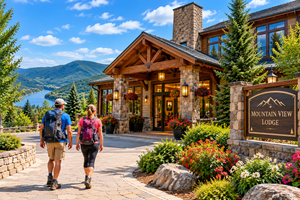 Two hikers wearing backpacks walking toward a beautiful stone-and-timber mountain lodge surrounded by colorful flowers, evergreen trees and scenic mountain landscapes. A Mountain View Lodge sign stands near the entrance, with a peaceful blue lake and forested mountains in the background.