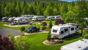 Group of RV campers parked in a scenic, heavily wooded forest area during a peaceful outdoor getaway.
