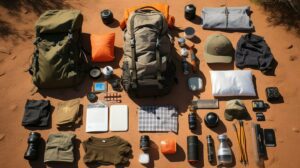 Hiking gear and essentials for canyon and desert adventures, including boots, backpacks, and hydration packs.