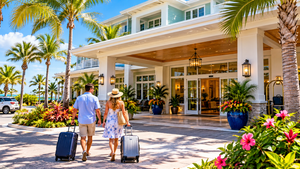 Couple walking toward a beautiful tropical-style hotel entrance with rolling suitcases, surrounded by palm trees, colorful hibiscus flowers, lush landscaping, and elegant coastal architecture, representing vacation accommodations on Anna Maria Island, Florida.