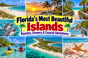 Caladesi Island State Park: A Hidden Paradise Near Clearwater Beach 5 Colorful collage showcasing Florida’s Most Beautiful Islands, featuring white-sand beaches, turquoise waters, kayaking, dolphins, sea turtles, coastal birds, tropical scenery, and relaxing island getaways. Includes a Florida map and highlights beaches, wildlife, outdoor adventures, and scenic vacation stays.