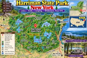 Harriman State Park, NY: Lakes, Trails & Wilderness Just Outside NYC ✨ 5 Map of Harriman State Park, New York, highlighting lakes, hiking trails, camping areas, scenic viewpoints, the Appalachian Trail, Seven Lakes Drive and nearby New York City.