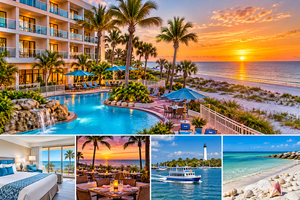 Illustrated Florida Gulf Coast beachfront resort featuring a tropical swimming pool, palm trees, ocean sunset, luxury hotel room, waterfront dining, ferry near a lighthouse, and white sandy beaches near Egmont Key.