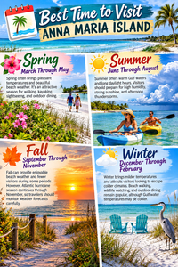 Colorful four-season travel collage showing the best time to visit Anna Maria Island, Florida, featuring spring beach walks, summer kayaking, fall Gulf Coast sunsets, and winter beach relaxation with coastal wildlife.