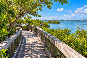 Longboat Key: Tranquil Beaches & Upscale Charm on Florida’s Gulf Coast 12 Wooden nature boardwalk winding through lush mangrove vegetation overlooking the blue waters of Sarasota Bay, with a great blue heron perched along the railing beneath a sunny Florida sky.