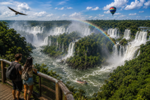 15 Breathtaking Waterfalls to Hike, Camp & Explore Around the World✨ 1 Scenic rainforest waterfall overlook with hikers viewing massive cascading waterfalls, rainbow mist, a colorful hot air balloon, river boat adventure, and a falcon flying above lush jungle scenery.