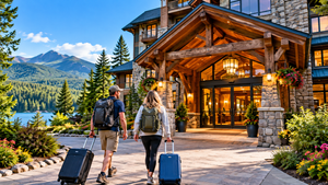 Adirondack Park, NY: A Wilderness Adventure of Mountains, Lakes 7 Two travelers carrying backpacks and rolling suitcases walk toward the entrance of a beautiful mountain lodge surrounded by evergreen forests, colorful flowers, a peaceful lake, and scenic mountain peaks, illustrating luxury vacation stays in Adirondack Park, New York.