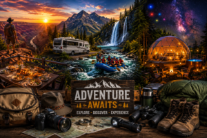Adventure travel collage featuring Grand Canyon scenery, mountain landscapes, waterfall rafting adventures, luxury glamping dome under a star-filled sky, RV road travel, scenic outdoor dining, backpacking gear, camera equipment, binoculars, hiking boots, maps, and outdoor exploration essentials.
