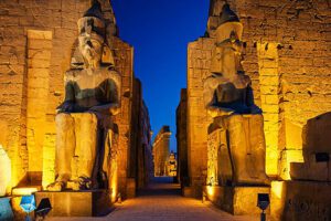 A temple in Egypt being lit up at night for vacationers