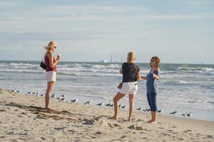 Three women enjoying a relaxing day on a sandy beach, with seabirds gathered along the shoreline, gentle ocean waves, and a cloudy blue sky.